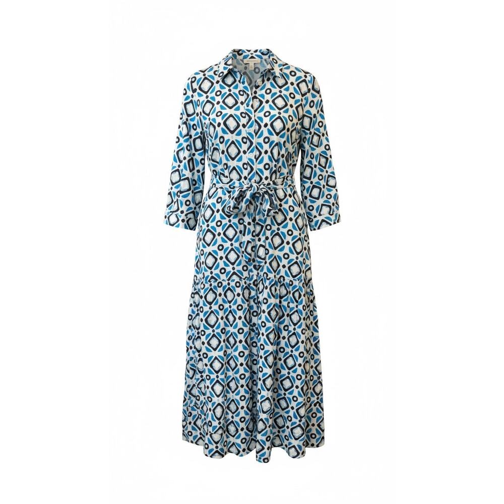 Marella Future Cotton Blue Geometric Belted Shirt Midi Dress